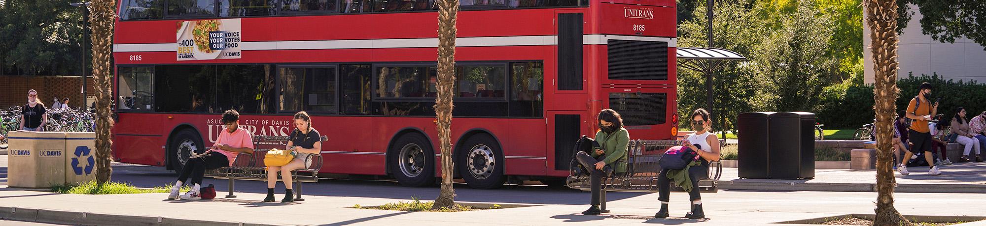 Red double-decker bus by palm trees in sunny plaza, people nearby.